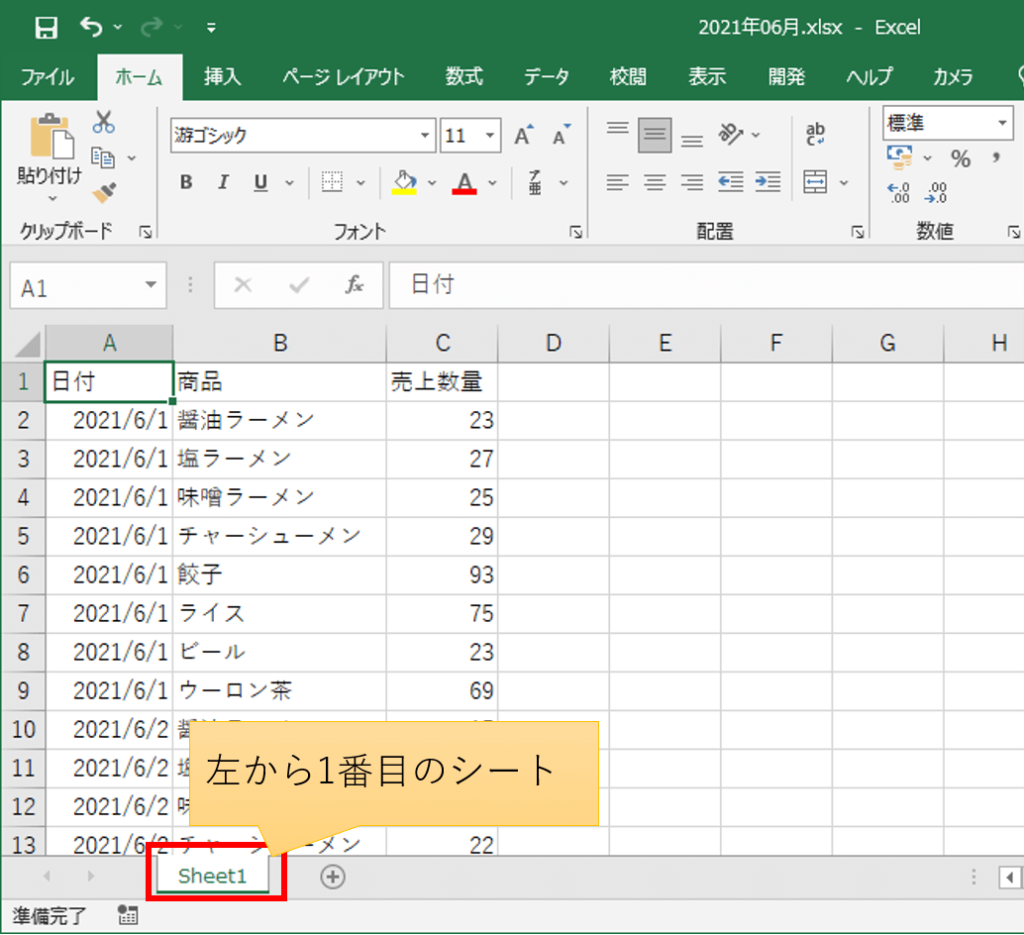 「wb.Worksheets(1)」は、「2021年06月.xlsx」ファイルの「Sheet1」を表す